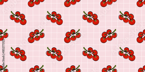 Seamless Mediterranean pattern with ripe cherry tomatoes on a pink checkered background. Fresh repeating design for kitchen textiles, packaging, tableware and food branding