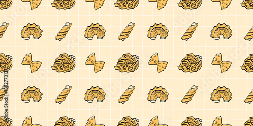 Seamless pasta pattern with clean line icons of farfalle, fettuccine, fusilli, tagliatelle. Designed for Italian food packaging, kitchen textiles, and restaurant backgrounds