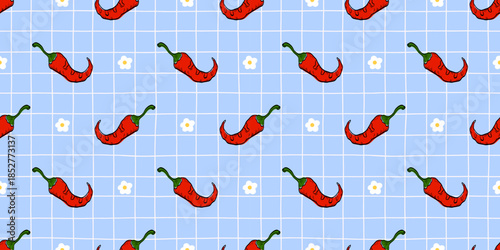 Spicy red chili pepper and flower seamless pattern. Hot paprika for menus, food packaging, hot sauce labels, and spicy recipe designs