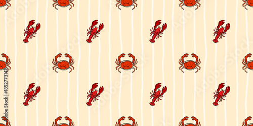 Seamless Mediterranean seafood pattern with red lobster and crab. Decorative repeat for kitchen textiles, table linens, packaging and restaurant design