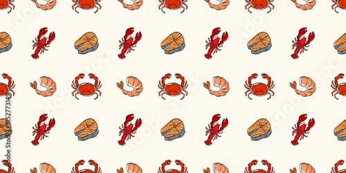 Seamless seafood pattern with lobster, crab, shrimp and salmon pieces arranged on a light background, creating a fresh Mediterranean food design for packaging, textiles and kitchen decor