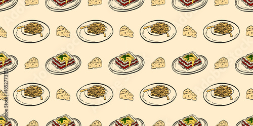 Seamless Italian pasta pattern with lasagna and spaghetti plates and cheese. Ideal for packaging, textiles, menus and kitchen decor