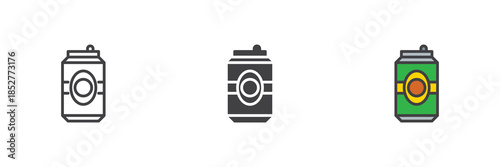 Beer can line, solid and colorful icon set pack
