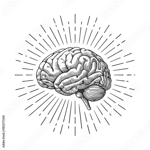 Vintage engraved illustration of a human brain in profile with radiating lines, detailed etching style. Classic medical engraving suitable for science, education, design and packaging themes.