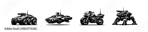 Military vehicle set, tanks, drones, armored cars, flat vector illustration