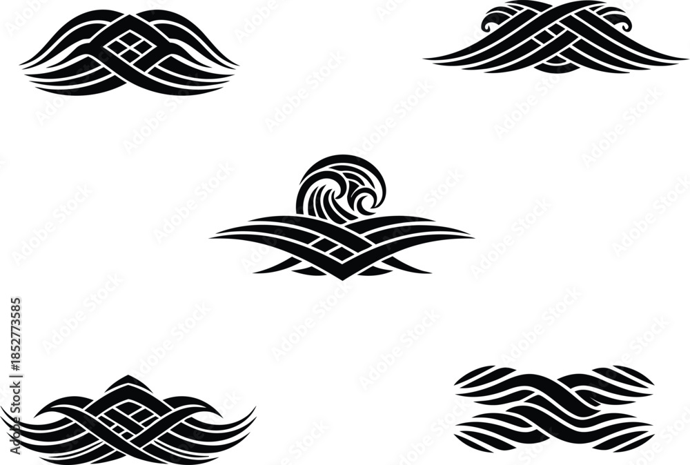 Obraz premium Symmetrical blackwork tribal tattoo elements featuring interlaced horizontal bands and geometric wave motifs for professional vector body art.
