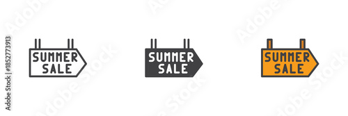 Summer sale signpost line, solid and colorful icon set pack