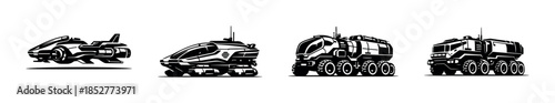 Futuristic vehicles, space and transport, flat vector illustration