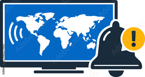 Flat Vector Illustration of Global News Alert Notification on Television Screen with World Map