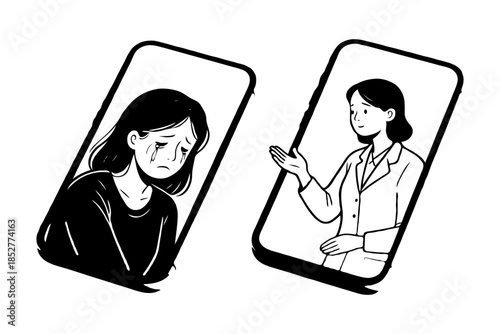 Sad girl crying on phone screen talking to a female therapist on another phone, black and white sketch, isolated on white, concept of mental health support