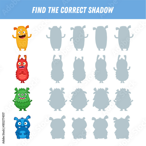 Find correct shadow of monsters. Educational logical game for kids. Cartoon funny monster. Vector illustration