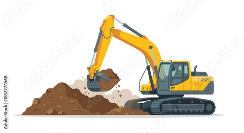 Yellow excavator digging dirt from a large mound of earth, construction equipment in action
