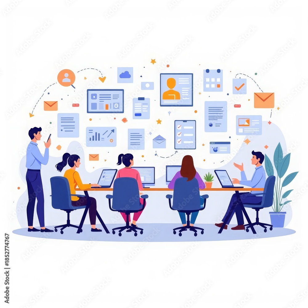 Fototapeta premium A modern office with a team, schedules and a clock on the wall. The background symbolizes the efficiency and time savings provided by household appliances for home and work.