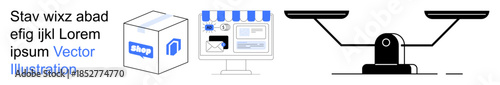 E-commerce, legal transactions, trade fairness, digital business, consumer rights, balance. Online storefront and weighing scale . E-commerce and legal transaction balance concepts