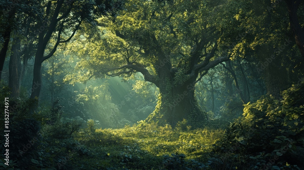 Fototapeta premium Lush forest bathed in morning light. Ancient tree stands at the center