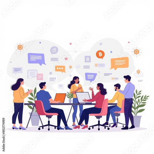 A modern office with a team, schedules and a clock on the wall. The background symbolizes the efficiency and time savings provided by household appliances for home and work.