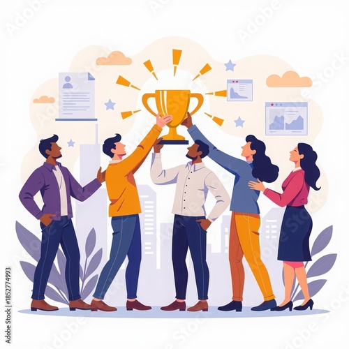 A group of people raises a gold cup against the background of charts. It is suitable for the promotion of technology with the best characteristics: energy efficiency, reliability, innovation