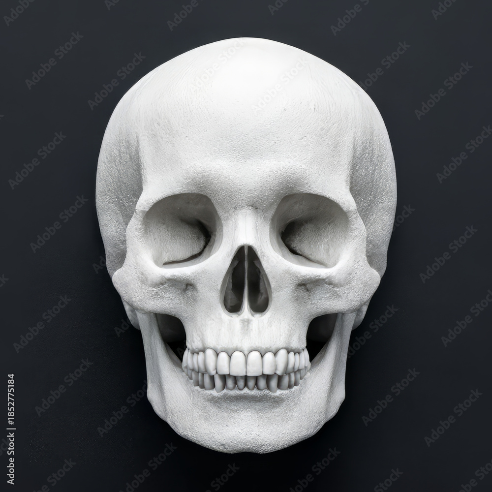 Fototapeta premium White human skull on a dark background, frontal view.