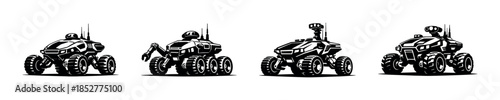 Futuristic rover designs, exploration vehicles, flat vector illustration