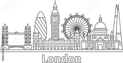 London skyline line art vector illustration with famous landmarks and text