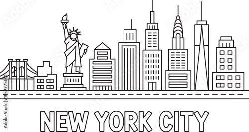 New york city skyline line art with famous landmarks and text new york city isolated on transparent background