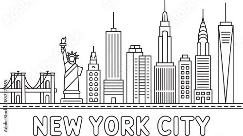 New york city skyline detailed line art with famous landmarks and text new york city isolated on transparent background