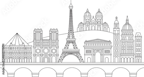 Paris city outline vector drawing eiffel tower notre dame arc de triomphe landmarks