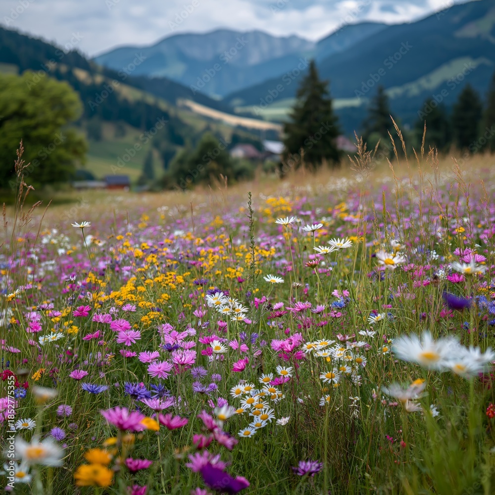 Naklejka premium Colorful wildflowers blooming in mountain meadow field. Colorful wildflowers blooming profusely across a vibrant meadow with blurred mountains in background