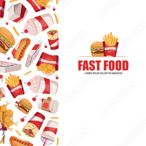Fast food background. hot dogs fried potatoes nuggets burgers illustration with empty place for personal text