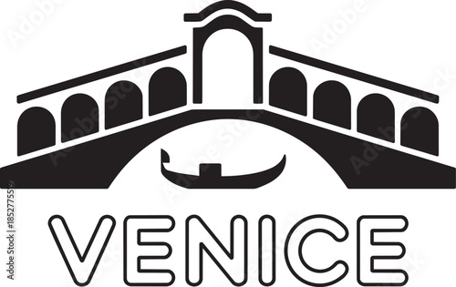Venice cityscape flat black silhouette, rialto bridge with gondola, famous city skyline graphic