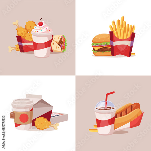 Fast food. trash or junk food products burgers fried potatoes hot dog and cold drinks