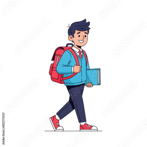 Cheerful schoolboy walking confidently with a backpack and books in hand