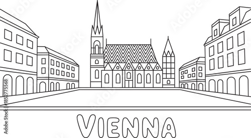 Vienna city panorama with st stephen cathedral and surrounding buildings line art illustration