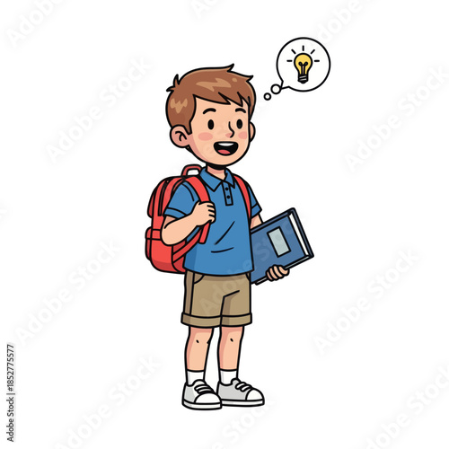 Cute schoolboy with backpack smiling with an idea thinking bubble holding a notebook and pen