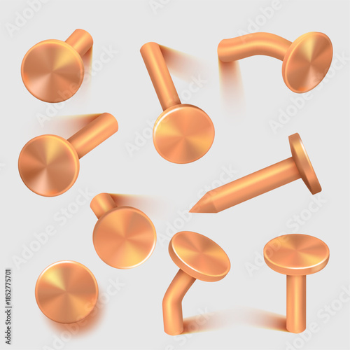 Rusty nails. damaged and broken curved bronze nails collection in realistic style