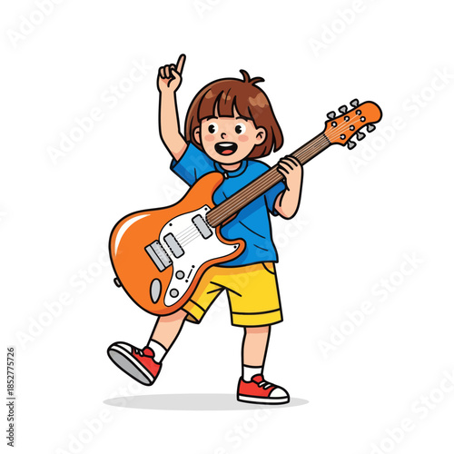 Joyful young girl playing electric guitar with enthusiasm expressing musical passion and energy