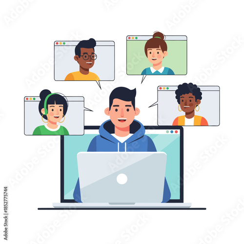 Engaging diverse group participating in an online virtual team meeting on a laptop