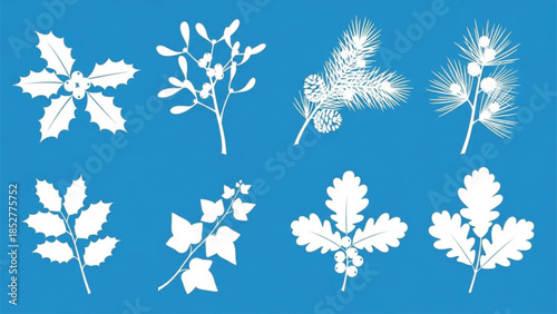 Christmas Winter Botanical Silhouette Set with Holly Leaves, Mistletoe, Pine Branches and Berries on Blue Background