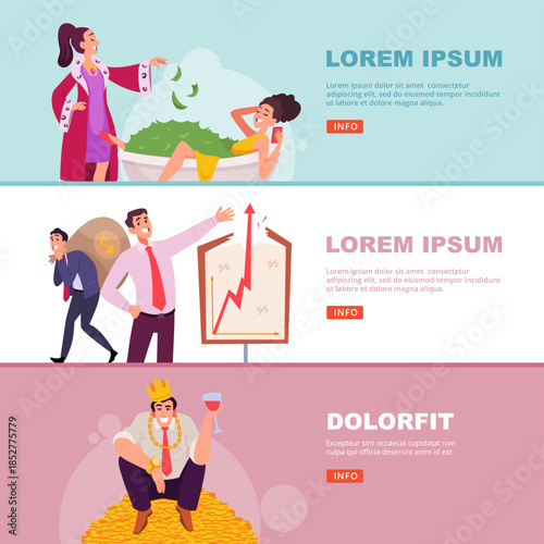 Successful people. banners with rich happy characters with money