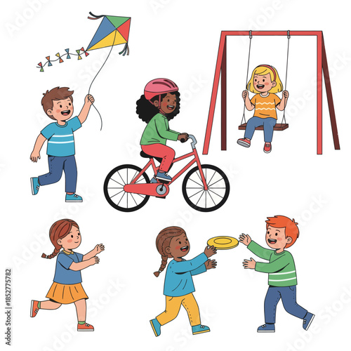 Children Engaged in Diverse Outdoor Activities Including Flying Kites Biking and Playing Together