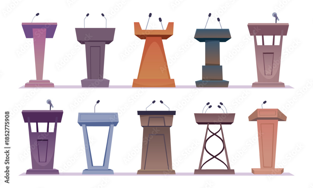 Naklejka premium Podiums. Conference tribunes with set of microphone for present speakers exact vector cartoon templates