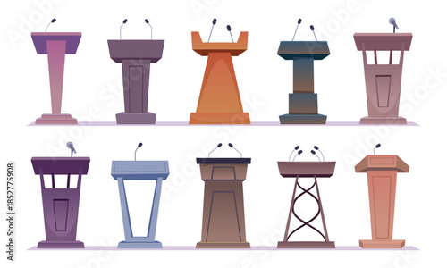 Podiums. Conference tribunes with set of microphone for present speakers exact vector cartoon templates