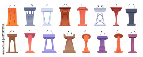 Podiums. Wooden and steel tables tribunes and podiums for business speakers exact vector illustrations