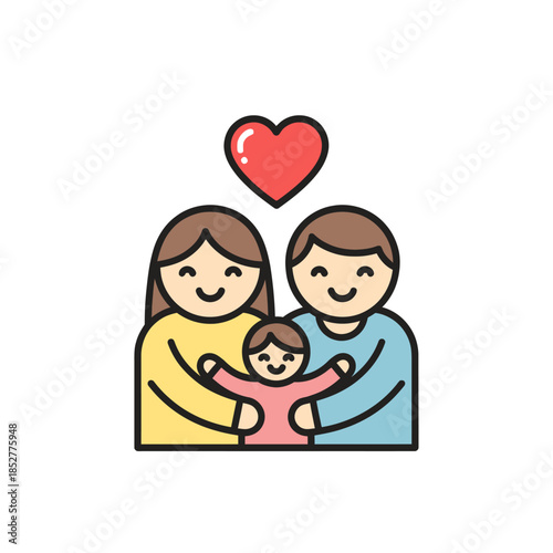 Adorable cartoon family of three with a love heart symbol emphasizing family bonds and happiness