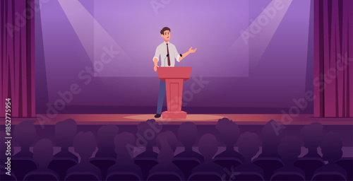 Business speaker. Male standing on podiums and speaking in microphone exact vector business conversation