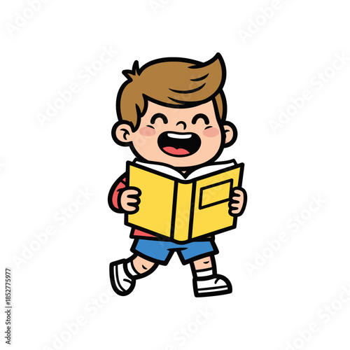 Joyful young boy happily reading a colorful book with excitement and curiosity