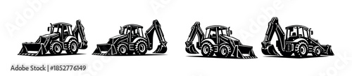 Construction machinery set, backhoe loaders, flat vector illustration, heavy equipment