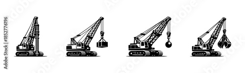 Construction equipment collection, cranes and machinery, flat vector illustration