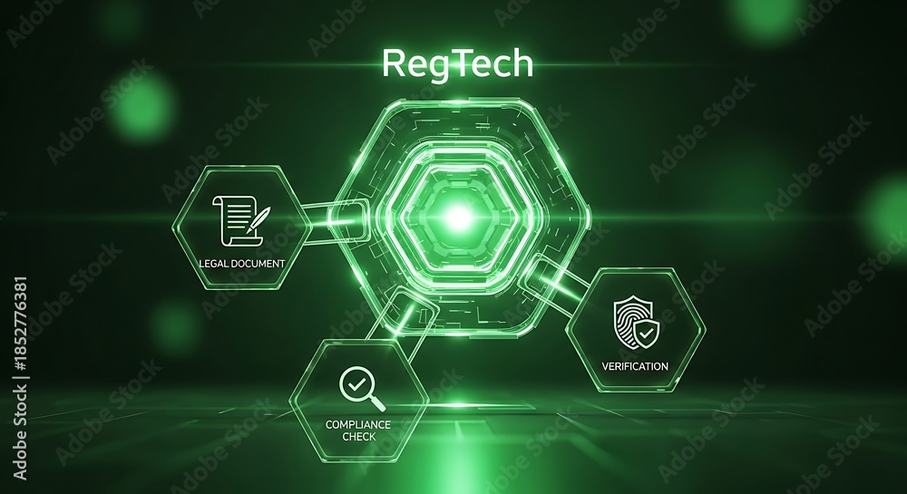 Fototapeta premium Regtech concept with hexagonal icons representing compliance, search, and security in a digital network