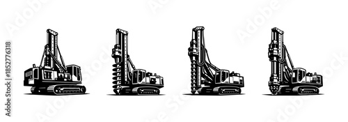 Construction machinery collection, flat vector illustration of drilling machines